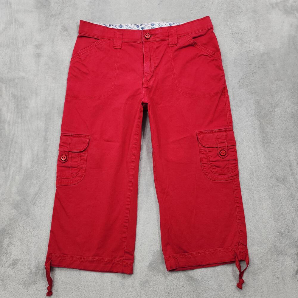Lee Pants Womens 10 Red Twill Capri Cargo Pockets Drawstring Hem Stretch Casual